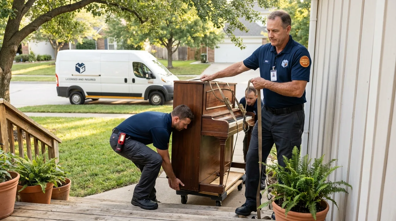 Licensed piano movers securing grand piano in Monroeville, PA