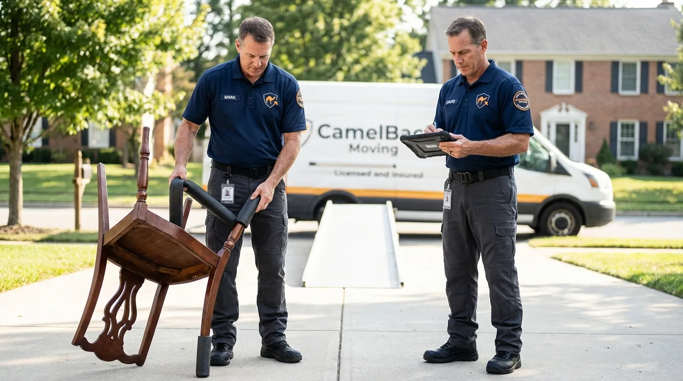 Movers inspecting furniture for damage prevention before loading in Monroeville, PA