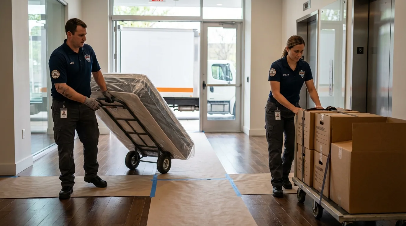 Professional apartment movers loading elevator in Monroeville, PA